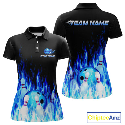 Black polo shirt with blue flame design and bowling elements, customizable with 'Your Name' and 'Team Name'.