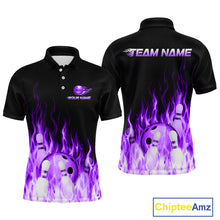 Load image into Gallery viewer, Black bowling shirt with purple flames and bowling ball design, front and back views, Chiptee Amz brand visible.