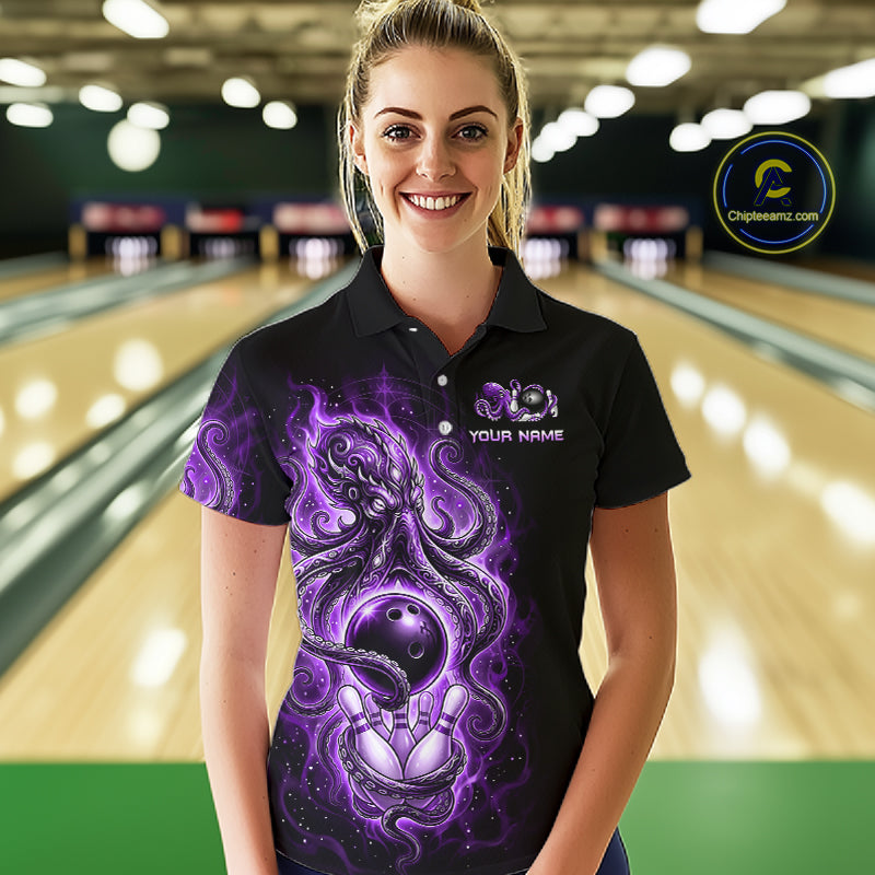 Custom Purple Flame Octopus Bowling Jersey for Women Bowling Team Shirts Polo & 1/4 Zip HNT506
