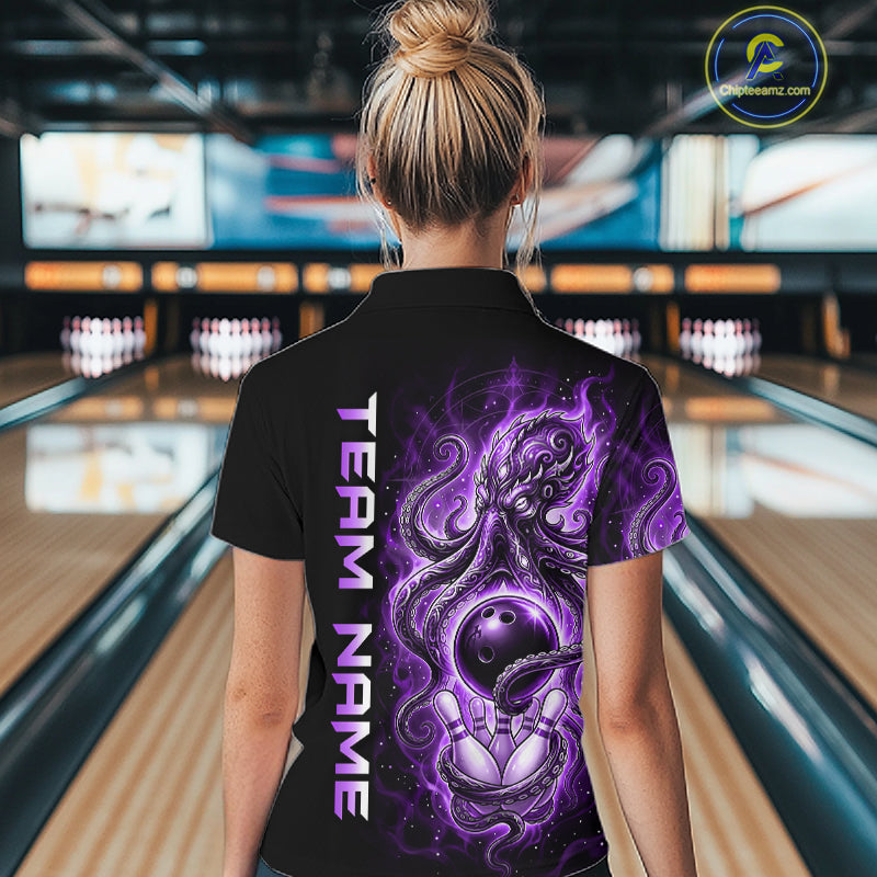 Custom Purple Flame Octopus Bowling Jersey for Women Bowling Team Shirts Polo & 1/4 Zip HNT506