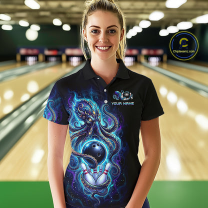 Custom Turquoise Flame Octopus Bowling Jersey for Women Bowling Team Shirts Polo & 1/4 Zip HNT506