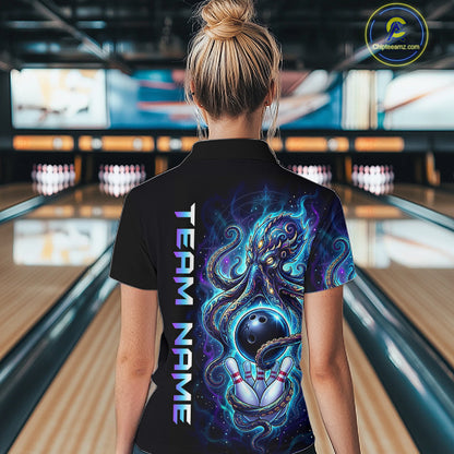 Custom Turquoise Flame Octopus Bowling Jersey for Women Bowling Team Shirts Polo & 1/4 Zip HNT506