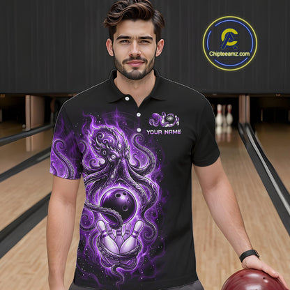 Custom Purple Flame Octopus Bowling Jersey for Men Bowling Team Shirts Polo & 1/4 Zip HNT506