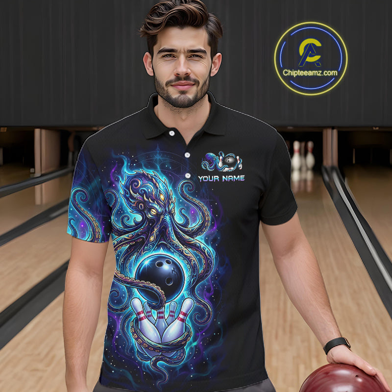 Custom Turquoise Flame Octopus Bowling Jersey for Men Bowling Team Shirts Polo & 1/4 Zip HNT506