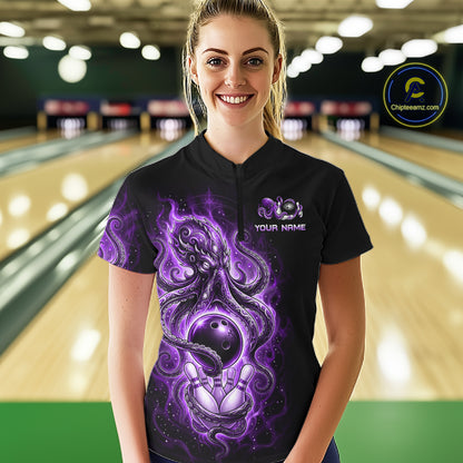 Custom Purple Flame Octopus Bowling Jersey for Women Bowling Team Shirts Polo & 1/4 Zip HNT506