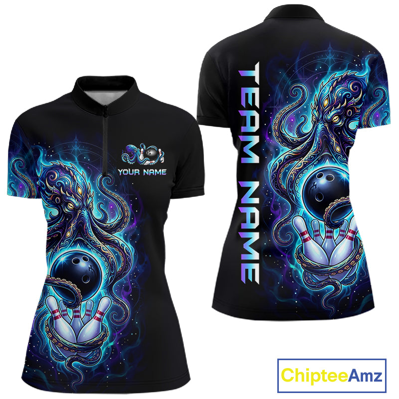 Custom Turquoise Flame Octopus Bowling Jersey for Women Bowling Team Shirts Polo & 1/4 Zip HNT506