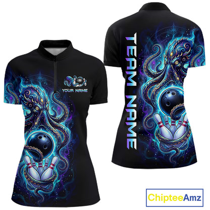 Custom Turquoise Flame Octopus Bowling Jersey for Women Bowling Team Shirts Polo & 1/4 Zip HNT506