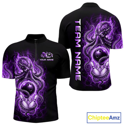 Custom Purple Flame Octopus Bowling Jersey for Men Bowling Team Shirts Polo & 1/4 Zip HNT506