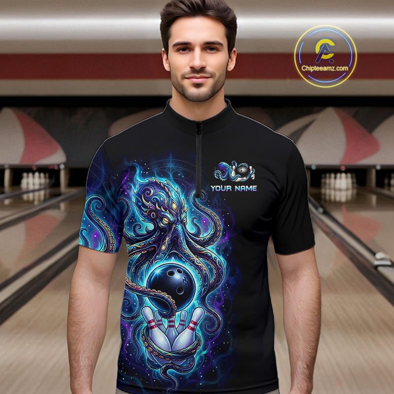 Custom Turquoise Flame Octopus Bowling Jersey for Men Bowling Team Shirts Polo & 1/4 Zip HNT506