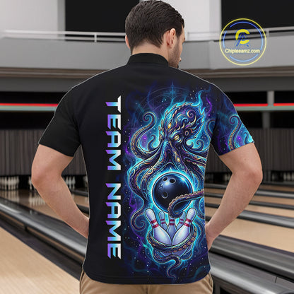 Custom Turquoise Flame Octopus Bowling Jersey for Men Bowling Team Shirts Polo & 1/4 Zip HNT506