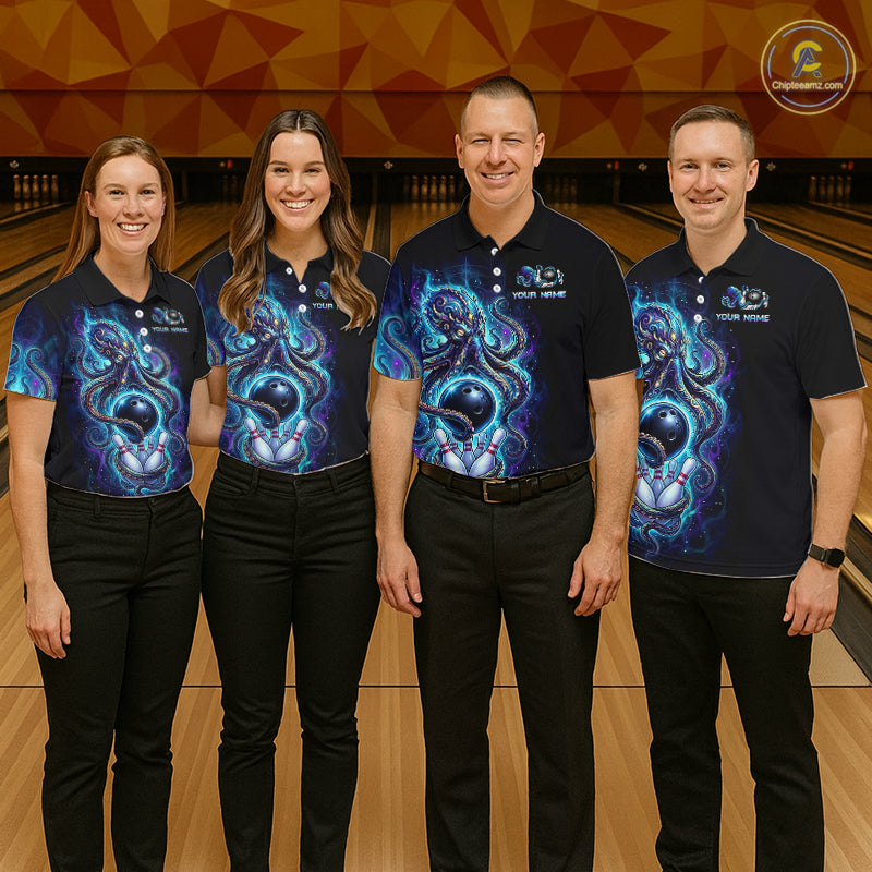 Custom Turquoise Flame Octopus Bowling Jersey for Men Bowling Team Shirts Polo & 1/4 Zip HNT506