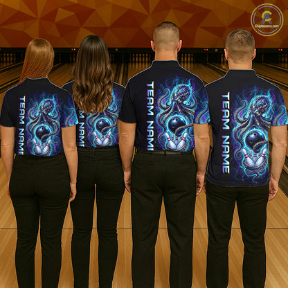 Custom Turquoise Flame Octopus Bowling Jersey for Women Bowling Team Shirts Polo & 1/4 Zip HNT506