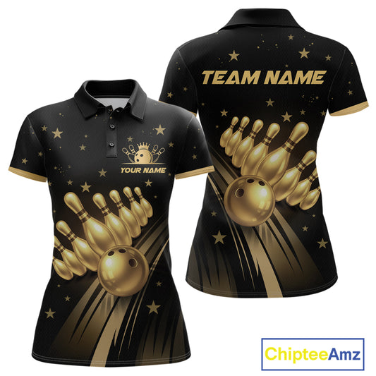 Custom Black and Gold Bowling Jersey for Women Bowling Team Shirts Bowling Uniform Polo & 1/4 Zip HNT176
