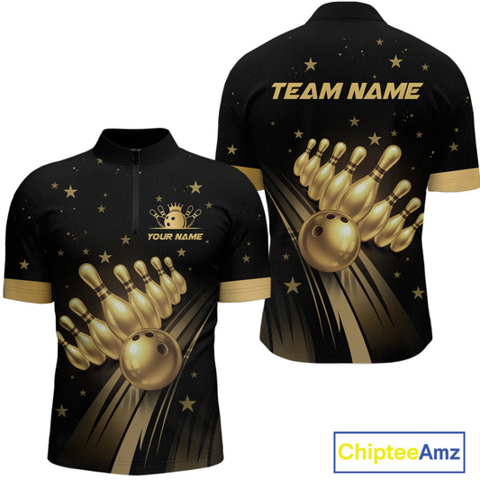 Custom Black and Gold Bowling Jersey for Men Bowling Team Shirts Bowling Uniform Polo & 1/4 Zip HNT176
