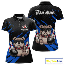 Load image into Gallery viewer, Custom blue funny bulldog bowling jersey for women, personalized team bowling polo shirt front view and back view.