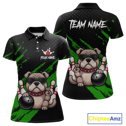Custom green funny bulldog bowling jersey for women, personalized team bowling polo shirt front view and back view.