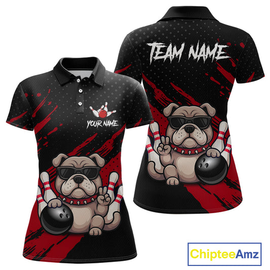 Custom red funny bulldog bowling jersey for women, personalized team bowling polo shirt front view and back view.