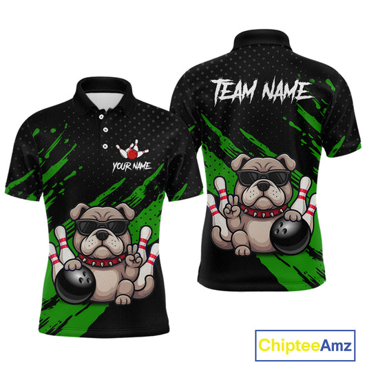 Custom green funny bulldog bowling jersey for men, personalized team bowling polo shirt front view and back view.