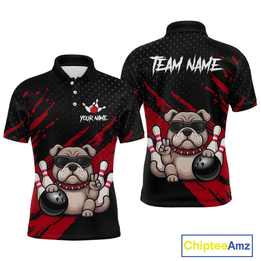 Custom red funny bulldog bowling jersey for men, personalized team bowling polo shirt front view and back view.