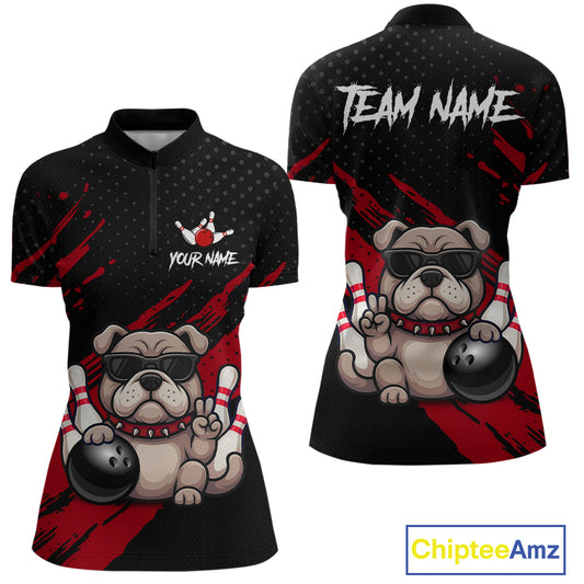 Women’s red Bulldog bowling polo shirt, front view on female model in bowling lane 