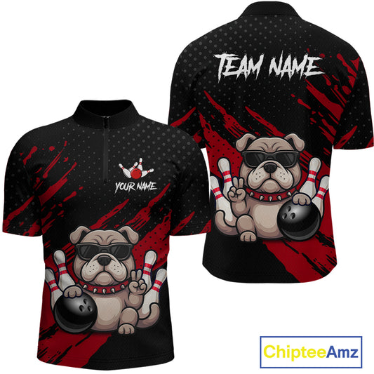 Custom red funny bulldog bowling jersey for men, personalized team bowling quarter zip shirt front view and back view.