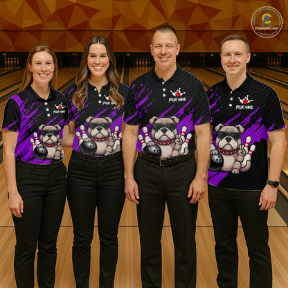 Group of bowlers in purple Bulldog team shirts, personalized bowling uniforms front view.