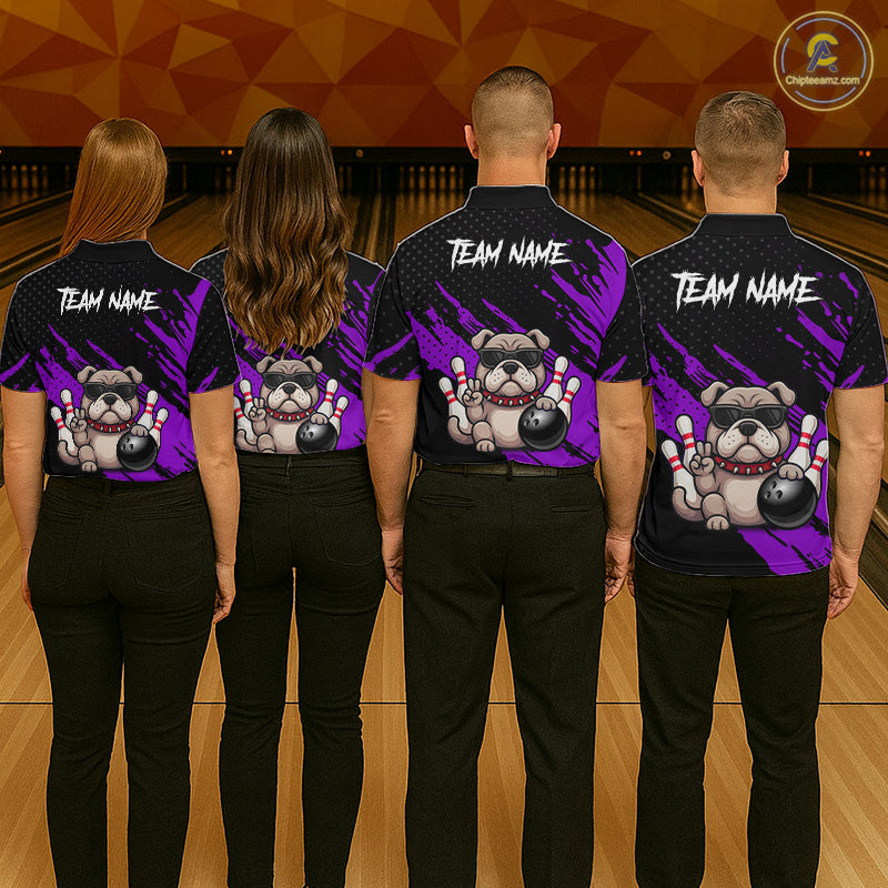 Group of bowlers in purple Bulldog team shirts, personalized bowling uniforms back view.