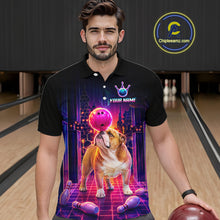 Load image into Gallery viewer, Men’s retro Bulldog neon synthwave bowling polo shirt, front view on male model in bowling lane 