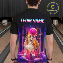 Load image into Gallery viewer, Men’s retro Bulldog neon synthwave bowling polo shirt, back view on male model in bowling lane 