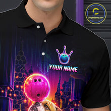 Load image into Gallery viewer, Men’s Bulldog retro neon bowling polo shirt with custom name, angled front view showing custom team design 

