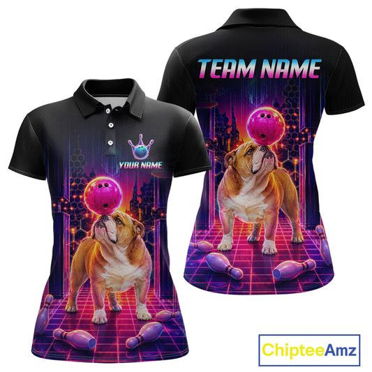 Women’s retro Bulldog neon synthwave bowling polo shirt with custom name, front view on white background.