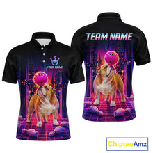 Load image into Gallery viewer, Men’s retro Bulldog neon synthwave bowling polo shirt with custom name, front view on white background.
