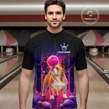 Load image into Gallery viewer, Men’s retro Bulldog neon synthwave bowling quarter zip shirt, front view on male model in bowling lane 
