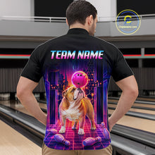 Load image into Gallery viewer, Men’s retro Bulldog neon synthwave bowling quarter zip shirt, back view on male model in bowling lane 