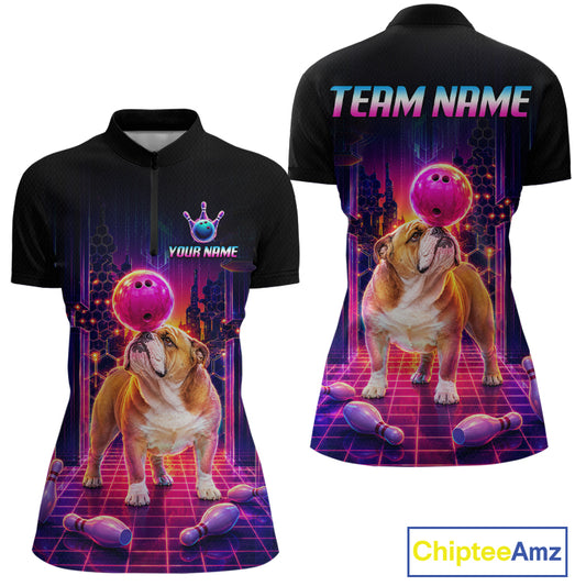 Women’s retro Bulldog neon synthwave bowling quarter zip shirt with custom name, front view on white background.