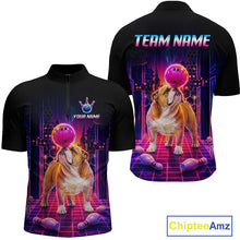 Load image into Gallery viewer, Men’s retro Bulldog neon synthwave bowling quarter zip shirt with custom name, front view on white background.