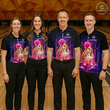 Load image into Gallery viewer, Group of bowlers in Bulldog neon synthwave team shirts, personalized bowling uniforms front view.