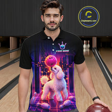 Load image into Gallery viewer, Men’s retro Poodle Dog neon synthwave bowling polo shirt, front view on male model in bowling lane 