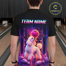 Load image into Gallery viewer, Men’s retro Poodle Dog neon synthwave bowling polo shirt, back view on male model in bowling lane 