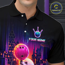 Load image into Gallery viewer, Men’s Poodle Dog retro neon bowling polo shirt with custom name, angled front view showing custom team design 
