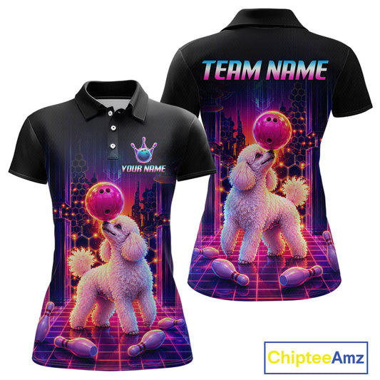 Women’s retro Poodle Dog neon synthwave bowling polo shirt with custom name, front view on white background.