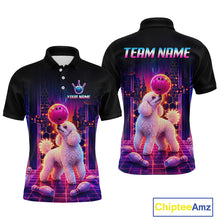 Load image into Gallery viewer, Men’s retro Poodle Dog neon synthwave bowling polo shirt with custom name, front view on white background.