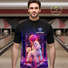 Load image into Gallery viewer, Men’s retro Poodle Dog neon synthwave bowling quarter zip shirt, front view on male model in bowling lane  