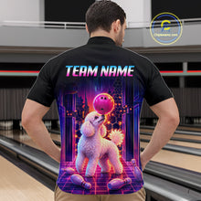 Load image into Gallery viewer, Men’s retro Poodle Dog neon synthwave bowling quarter zip shirt, back view on male model in bowling lane 