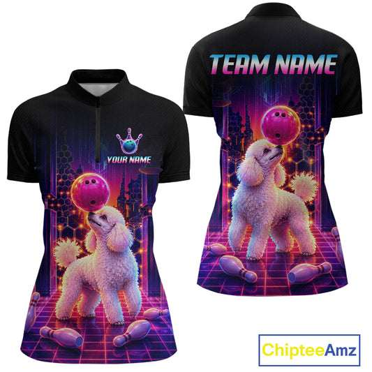 Women’s retro Poodle Dog neon synthwave bowling polo shirt with custom name, back view on white background.
