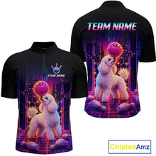 Load image into Gallery viewer, Men’s retro Poodle Dog neon synthwave bowling polo shirt with custom name, back view on white background.