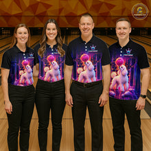 Load image into Gallery viewer, Group of bowlers in Poodle Dog neon synthwave team shirts, personalized bowling uniforms front view