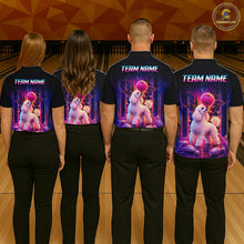 Load image into Gallery viewer, Group of bowlers in Poodle Dog neon synthwave team shirts, personalized bowling uniforms back view.