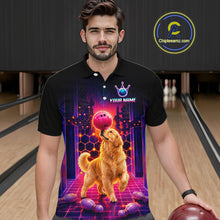 Load image into Gallery viewer, Men’s retro Golden Retriever Dog neon synthwave bowling polo shirt, front view on male model in bowling lane 