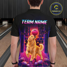 Load image into Gallery viewer, Men’s retro Golden Retriever Dog neon synthwave bowling polo shirt, back view on male model in bowling lane 